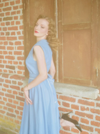 Linen Midi Dress, Sleeveless, Crew Neck, Plain, Vintage, Blue