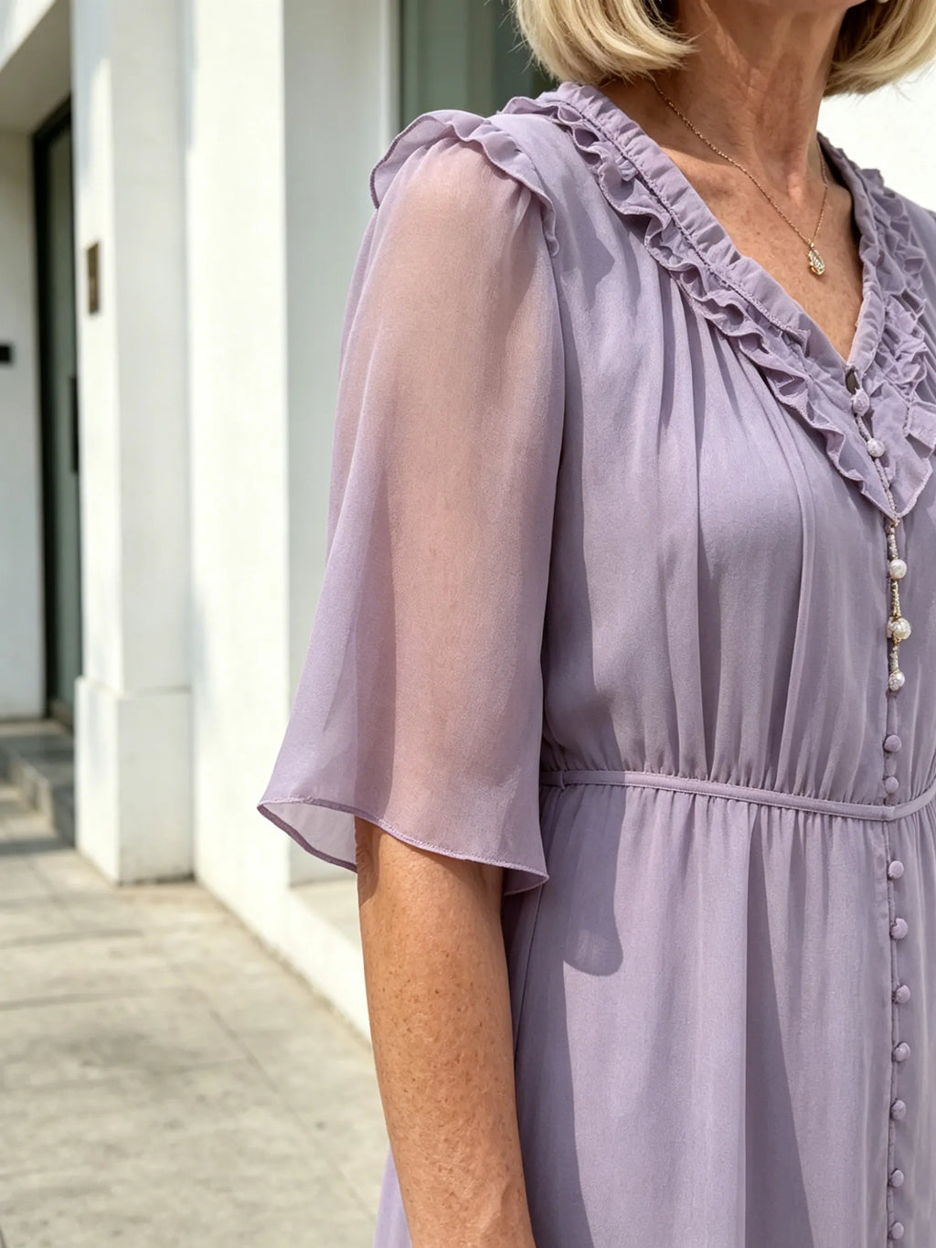 Lavender Ruffle V-Neck Chiffon Midi Dress, Elastic Waist Half Flutter Sleeve Button Detail Slimming Casual Dress for Mature Women