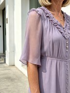 Lavender Ruffle V-Neck Chiffon Midi Dress, Elastic Waist Half Flutter Sleeve Button Detail Slimming Casual Dress for Mature Women