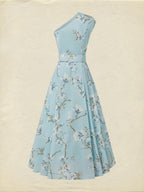 Maxi Linen Dress, Sleeveless, One Shoulder, Floral, Belt Design, Vacation, Vintage, Blue