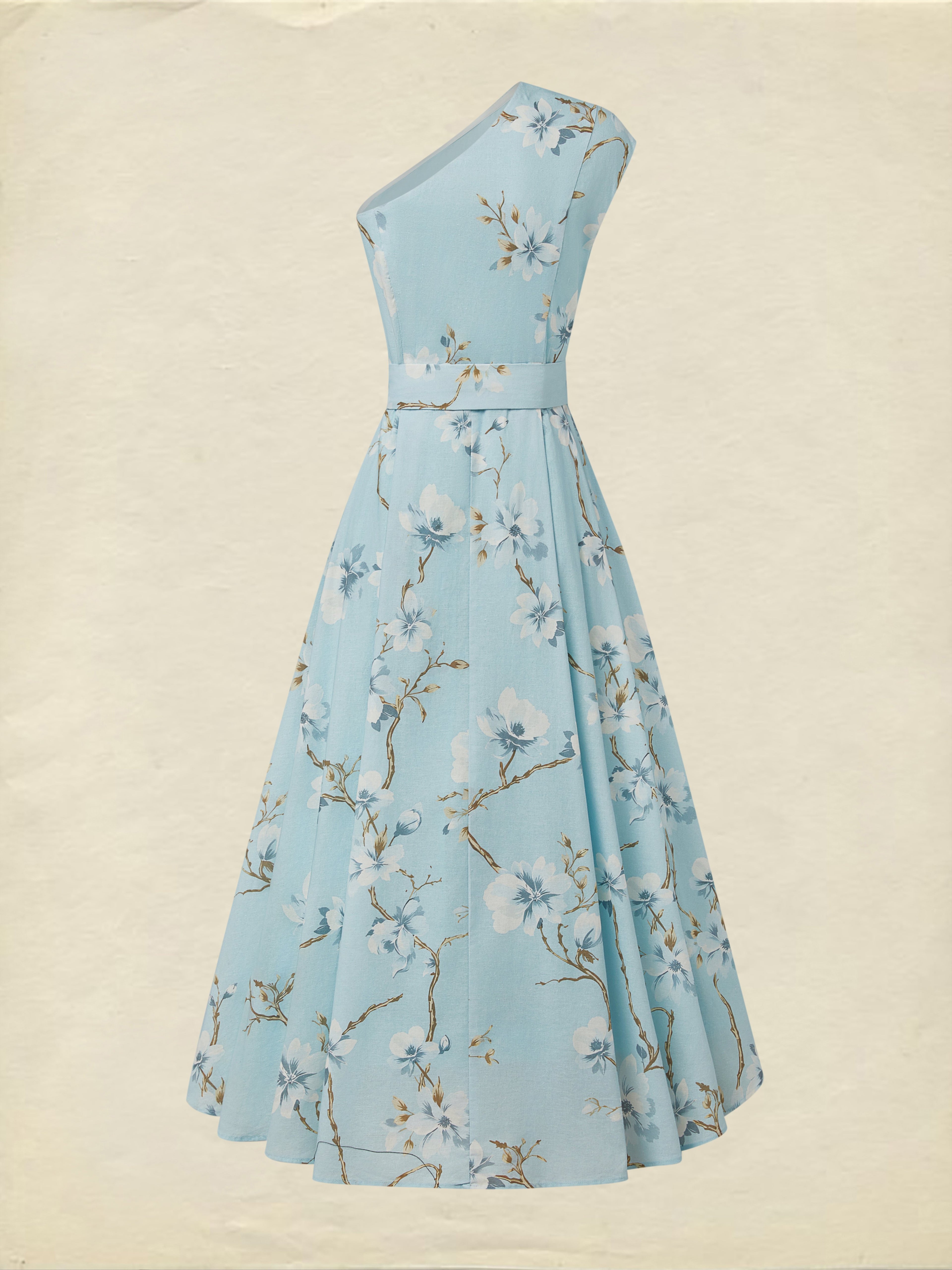 Maxi Linen Dress, Sleeveless, One Shoulder, Floral, Belt Design, Vacation, Vintage, Blue