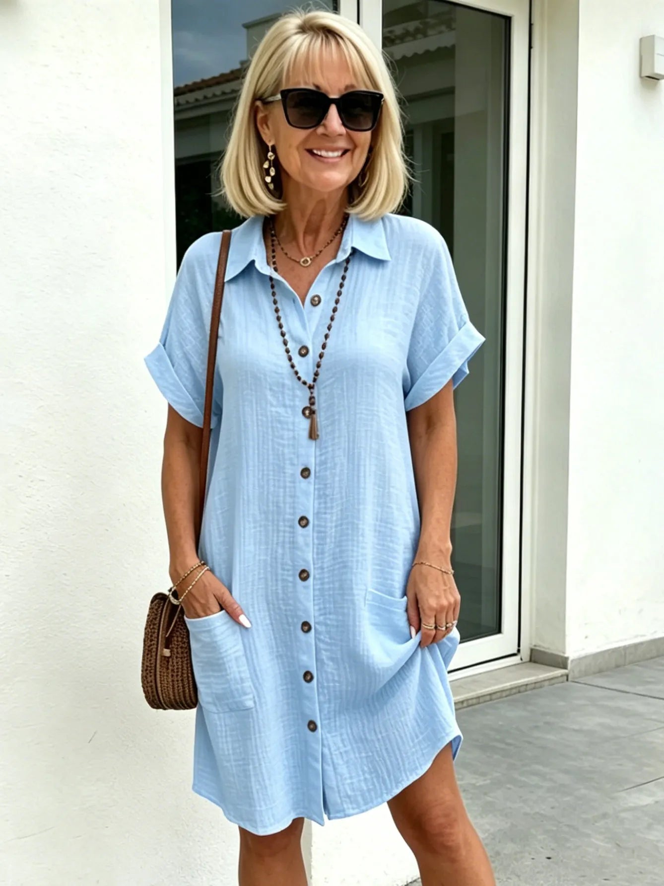 Solid Color Shirt Dress Simple, Made of Breathable, Featuring a Lapel Collar and Orderly Button Arrangement That Adds a Vintage Charm