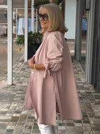 Stand Collar Long Cotton Shirt Jackets Women Swing Shap Flattering Gathered Yolk At The Back