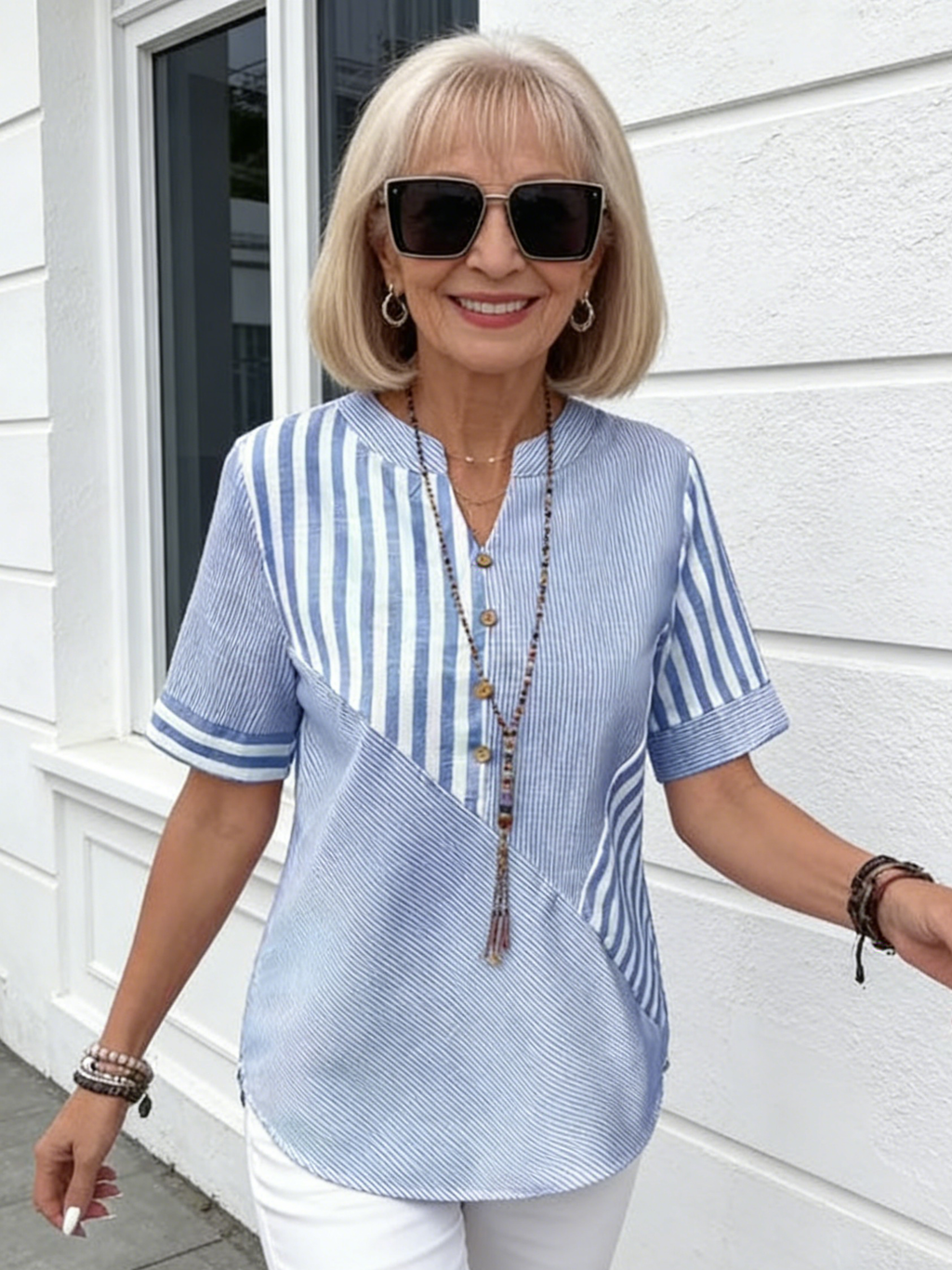 Women Blouse Casual Striped Short Sleeve Notched Regular Loose Shirt