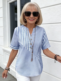 Women Blouse Casual Striped Short Sleeve Notched Regular Loose Shirt