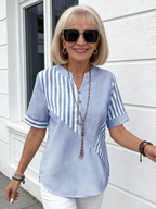 Women Blouse Casual Striped Short Sleeve Notched Regular Loose Shirt