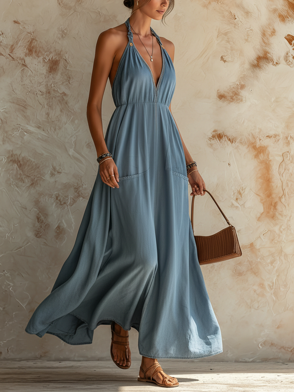 Light Blue Denim Halter Neck Maxi Dress
