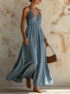 Light Blue Denim Halter Neck Maxi Dress