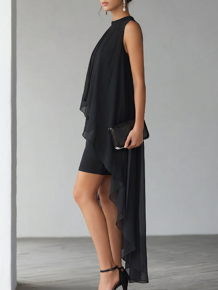 Asymmetrical Layered Chiffon Overlay Cocktail Dress