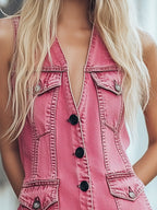 [24-hour shipping out]Chic Pink Denim Button Front Sleeveless Mini Dress