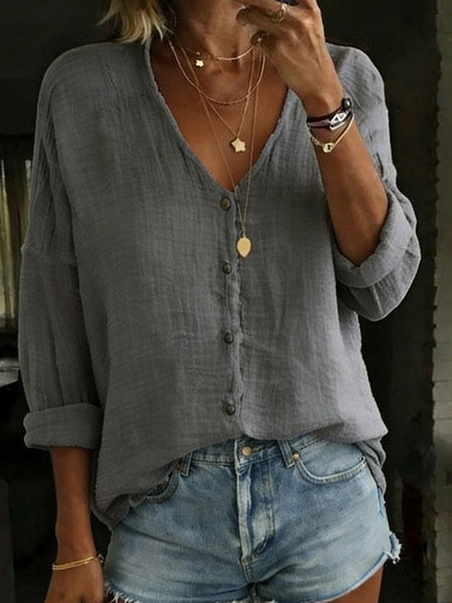 Women's Cotton Linen Loose Solid Color Long-sleeved Shirt