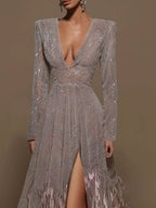 Deep v exquisite feather party elegant ladies dress