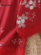 Art Retro Embroidery 3/4 Sleeve Patchwork Shirt