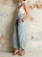 Colorblock V-Neck Linen Harem Jumpsuit | Effortless Boho Casual Style