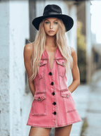 [24-hour shipping out]Chic Pink Denim Button Front Sleeveless Mini Dress