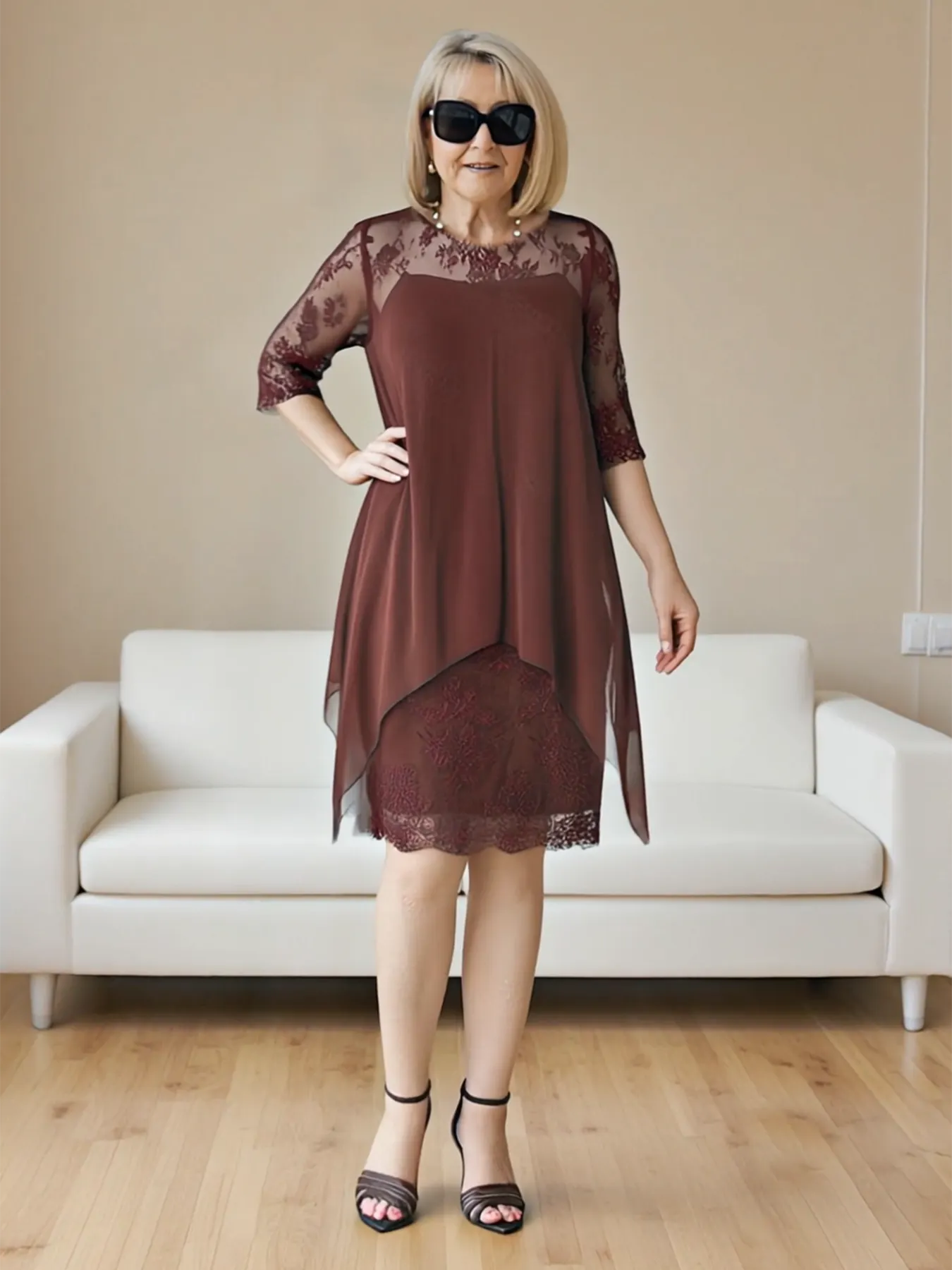 Elegant Lace Splicing Seven-quarter Sleeve Medium and Long Knee-length Chiffon