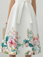 Chic Strapless Floral Satin Midi Dress with Matching Belt