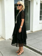 Black Glitter Chiffon Layered Midi Dress, Loose Tummy Concealing Short Sleeve Elegant Dress for Mature Women