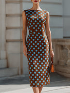 Brown & Light Blue Polka Dot Sleeveless Sheath Midi Dress