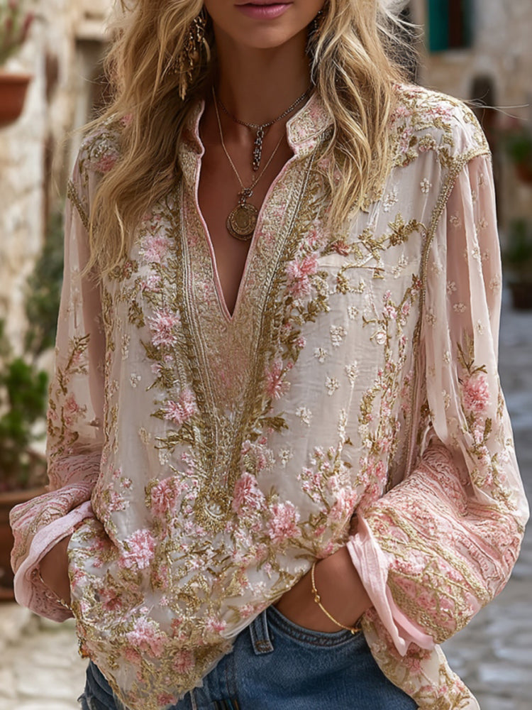 Women's Floral Embroidery Linen V-neck T-shirt