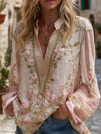 Women's Floral Embroidery Linen V-neck T-shirt