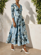 Maxi Linen Dress , Half Sleeve, Lapel Collar, Floral, Vacation, Vintage, Blue