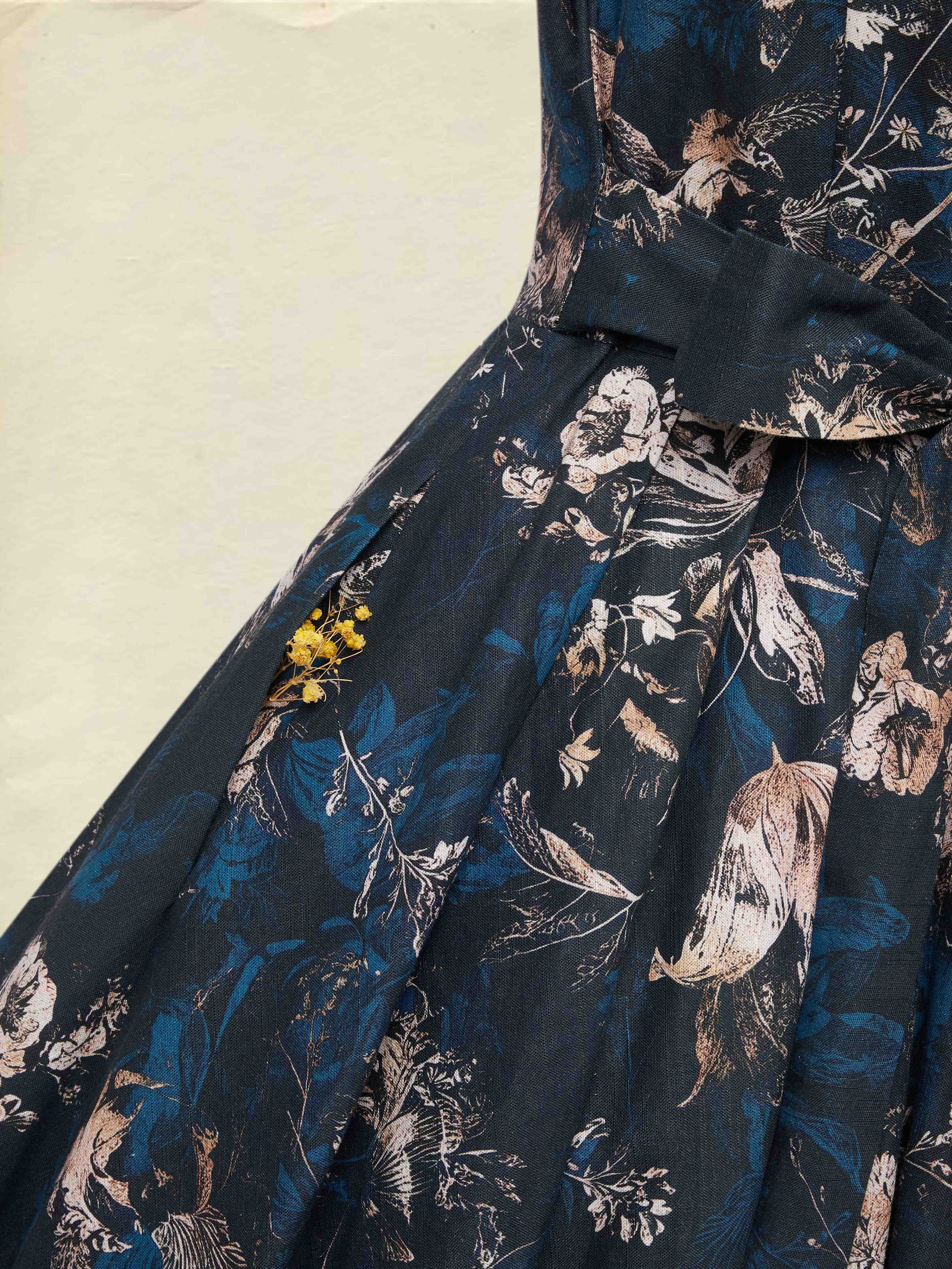 Midi Linen Dress, Long Sleeves, V Neck, Floral, Button Design, Vintage, Deep Blue