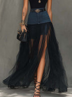 Black Denim Patchwork T-Shirt And Mesh Maxi Skirt Set With Side Slit