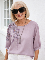 Thin Shirt Cotton and Linen Embroidered T-shirt Short Sleeve Literary and Retro Loose and Thin