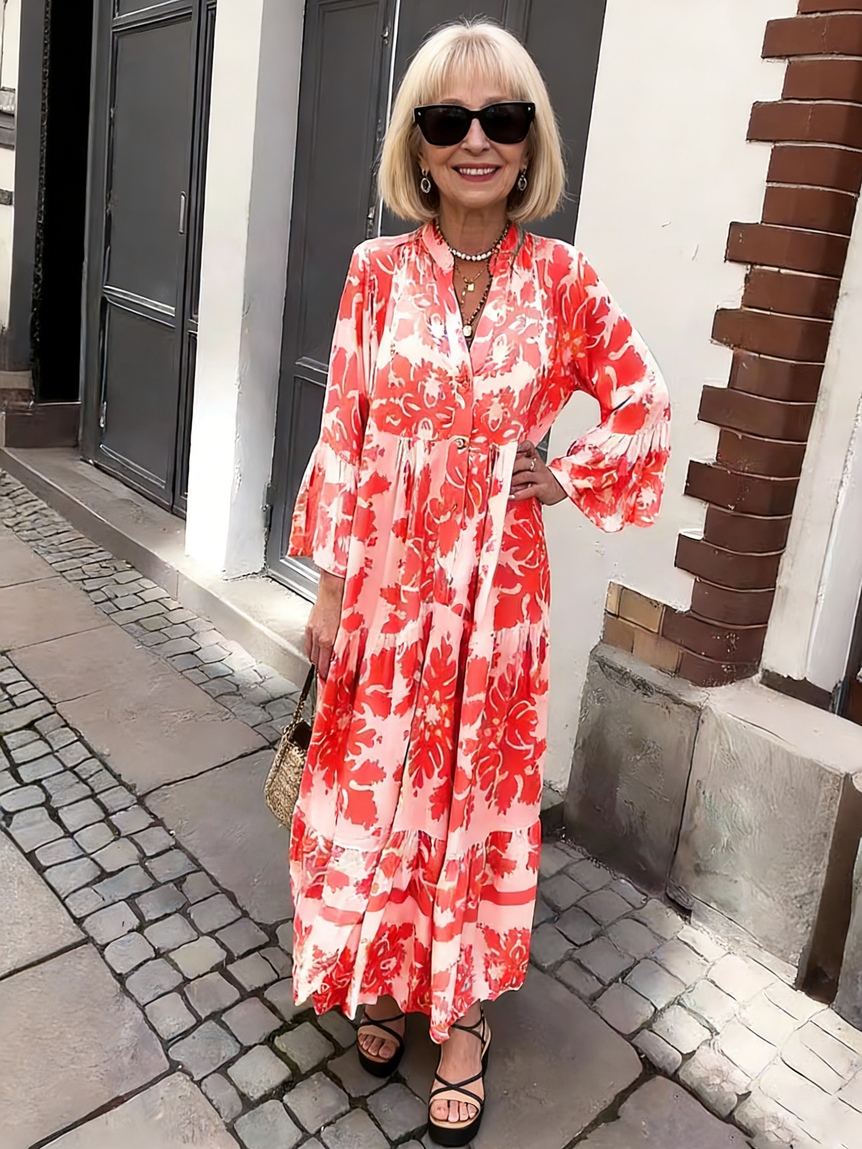 Stand-up Collar Flared Sleeves Printed Casual Dress