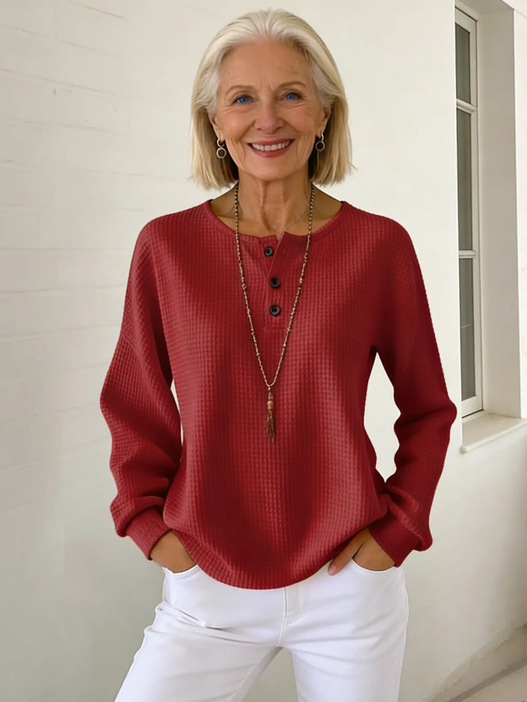 Crew Neck Waffle Solid Color Pullover Loose Top