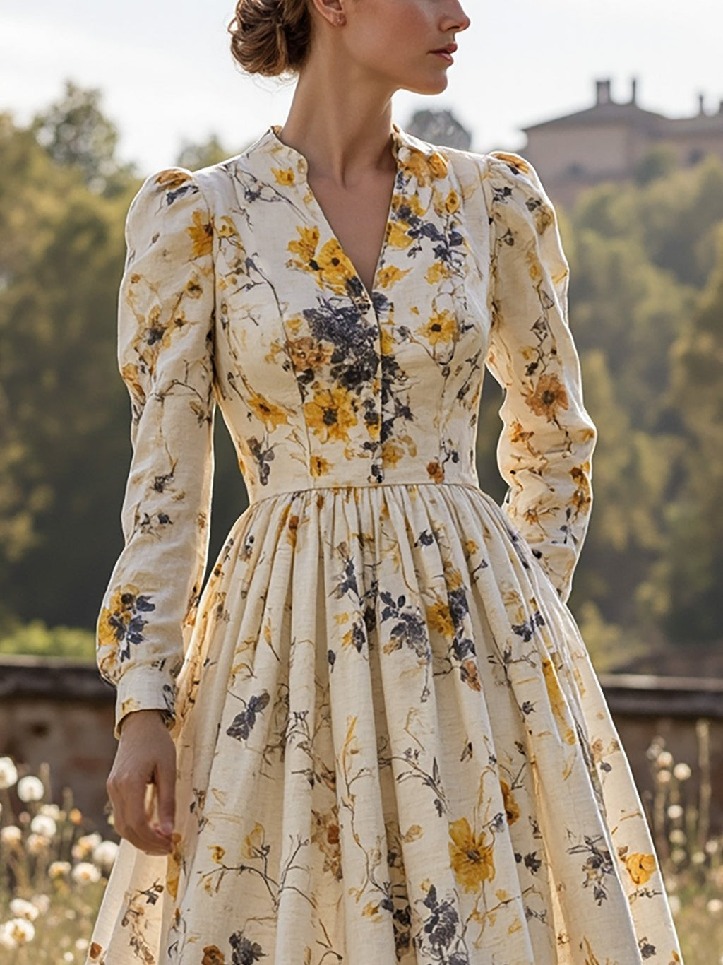 Midi Linen Dress, Long Sleeves, V Neck, Floral, Button Design, Vintage, Apricot