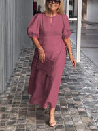 Evening Dress Formal Dress Solid Color Loose-Fitting Casual Round-Neck Small Lantern Sleeves