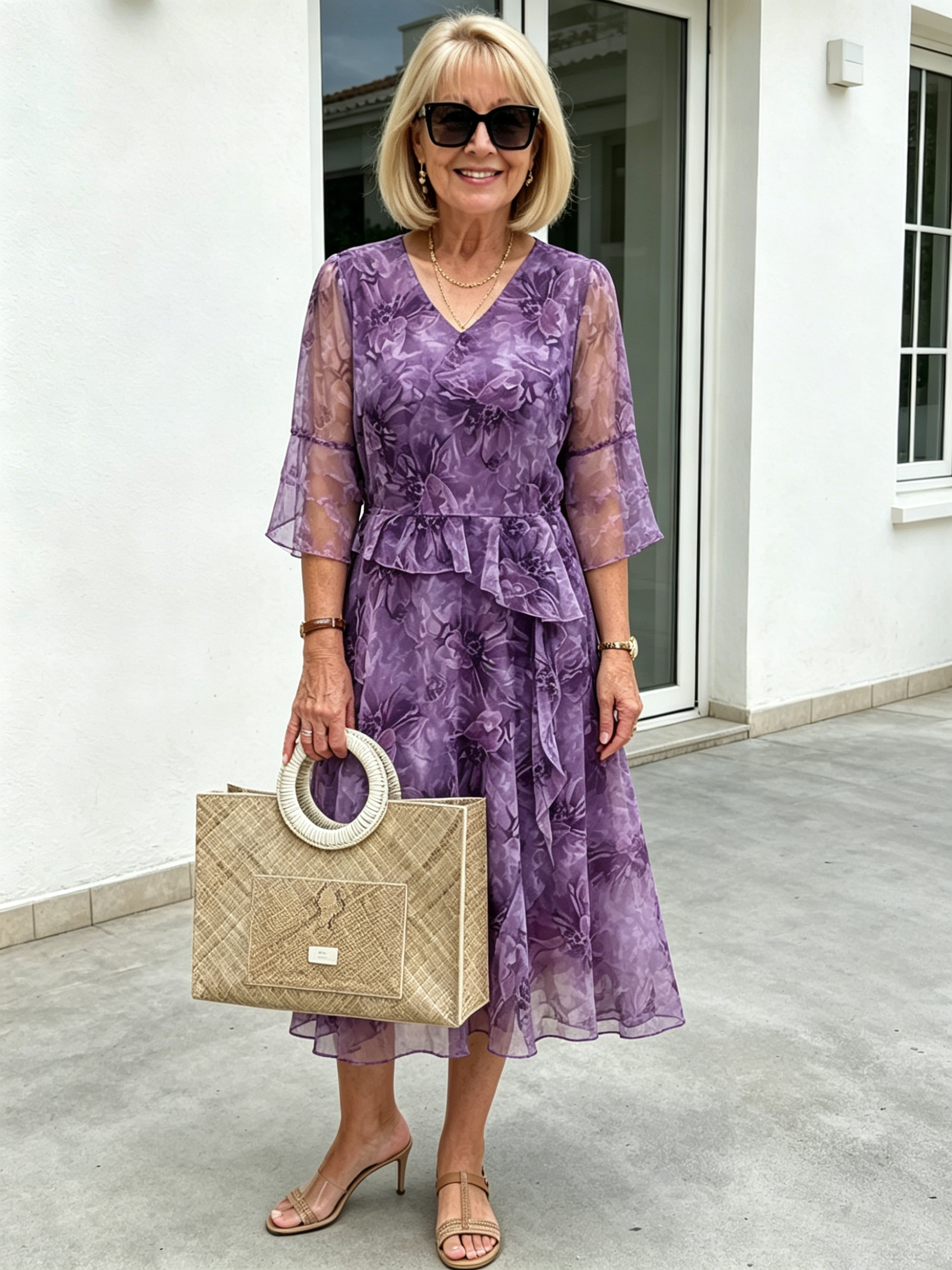 Purple Floral Mesh Chiffon Midi Dress, V-Neck Ruffle 3/4 Sleeve Waist Ruffle Loose Slimming Mom Dress