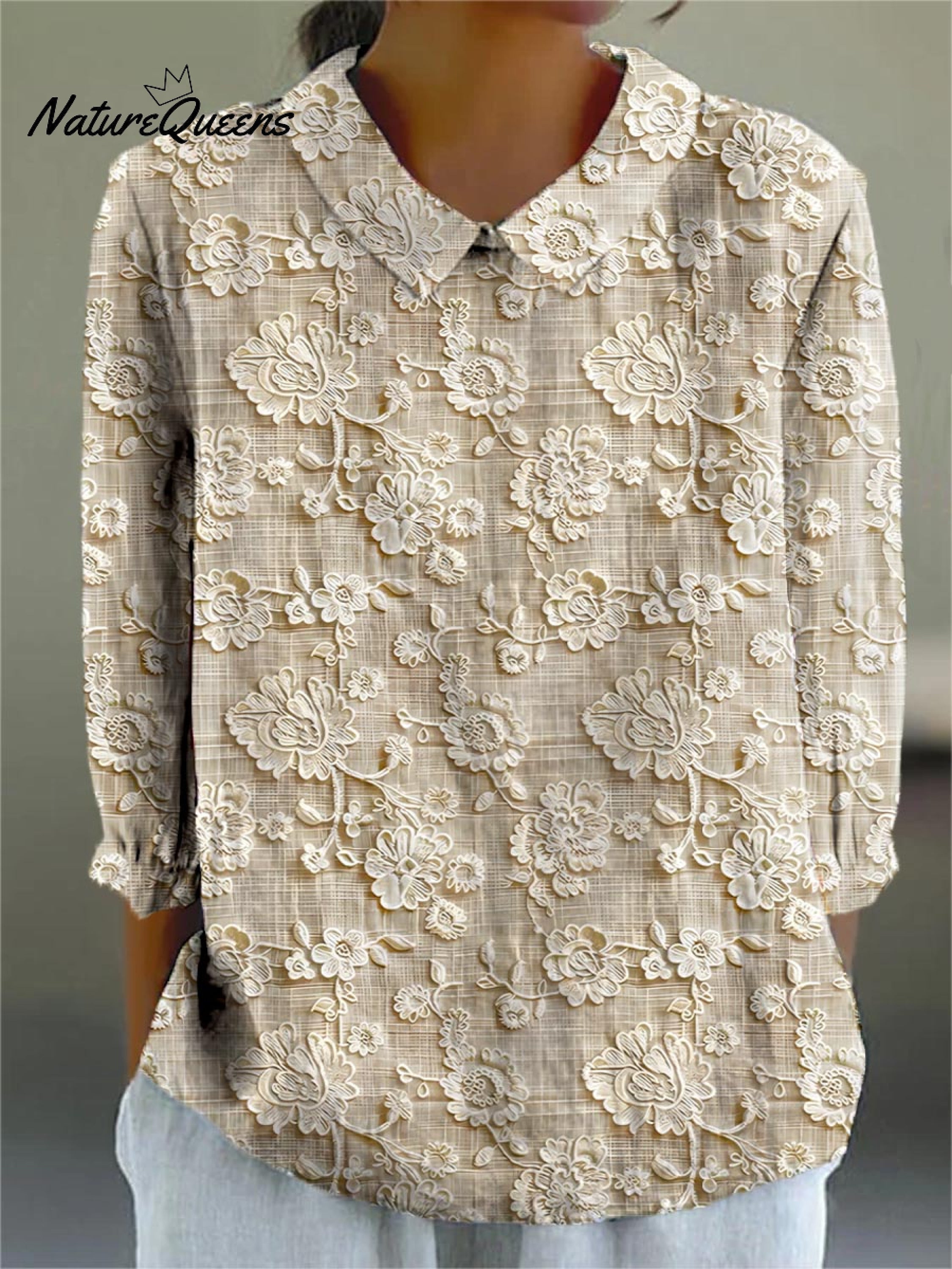 Women's Vintage Floral Art Print Casual Cotton And Linen 3/4 Sleeve Shirt