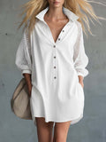 Casual Western Lapel Front Buttons Mesh Sleeves White Denim Mini Dress