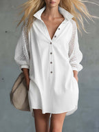 Casual Western Lapel Front Buttons Mesh Sleeves White Denim Mini Dress