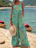 Ursime Swimwear Retro Ethnic Pattern Pocket Overall Jumpsuit