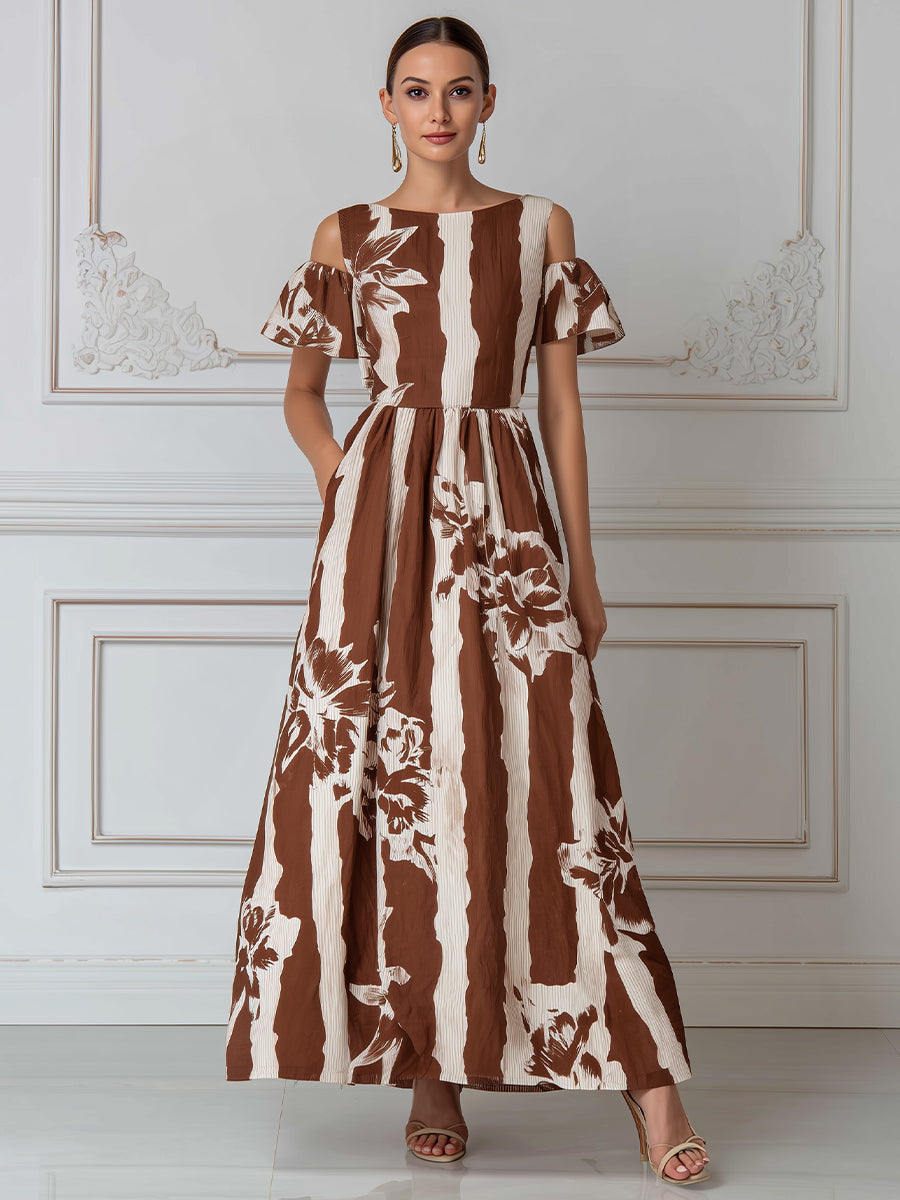 Earthy Striped Floral Print Cold-Shoulder Maxi Dress