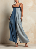 Color-Block Tencel Denim Jumpsuit – Two-Tone Wide-Leg Style