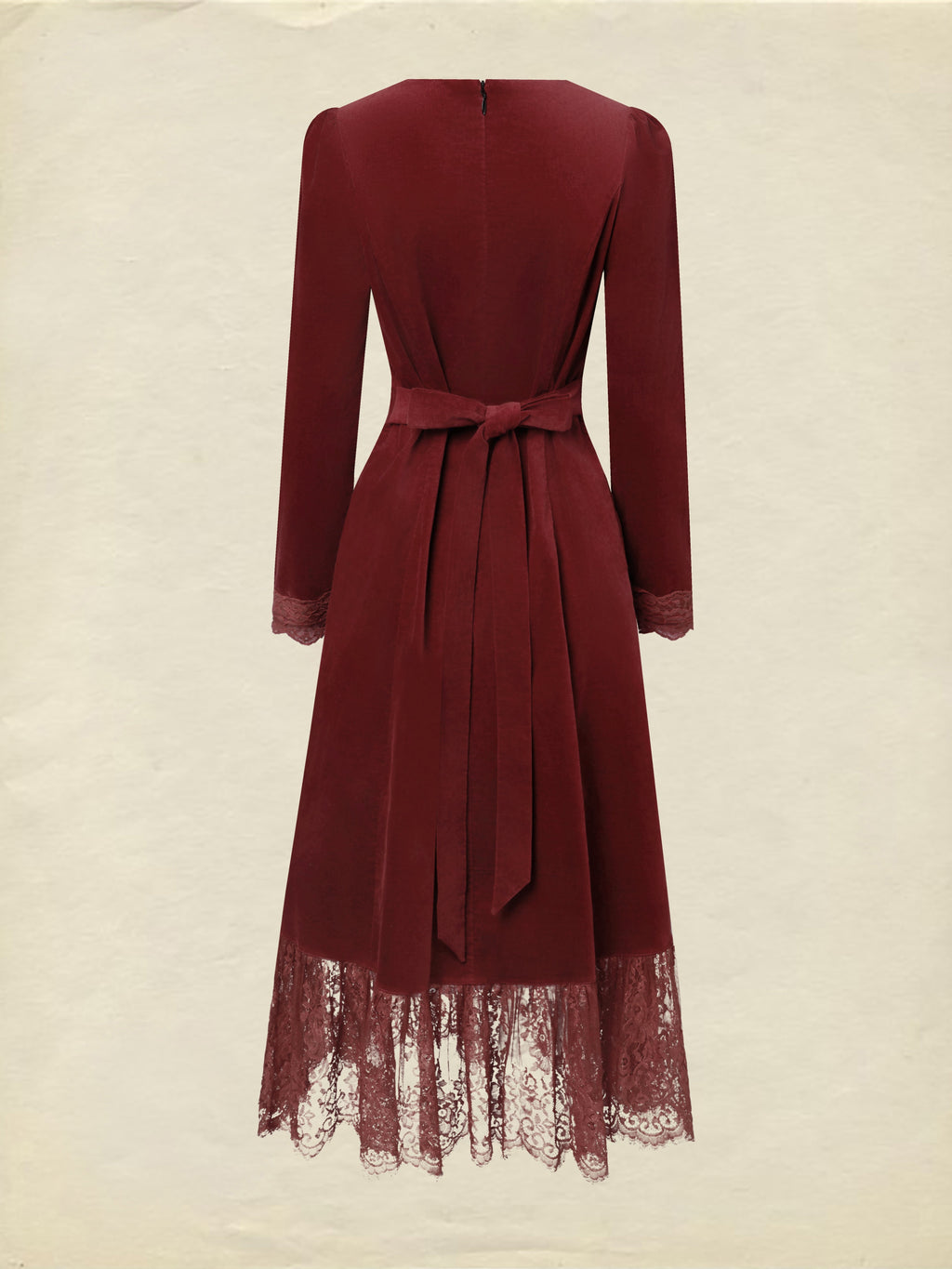 Midi Cotton Dress, Long Sleeves, Scoop Neck, Plain, Lace, Vintage, Red