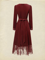 Midi Cotton Dress, Long Sleeves, Scoop Neck, Plain, Lace, Vintage, Red