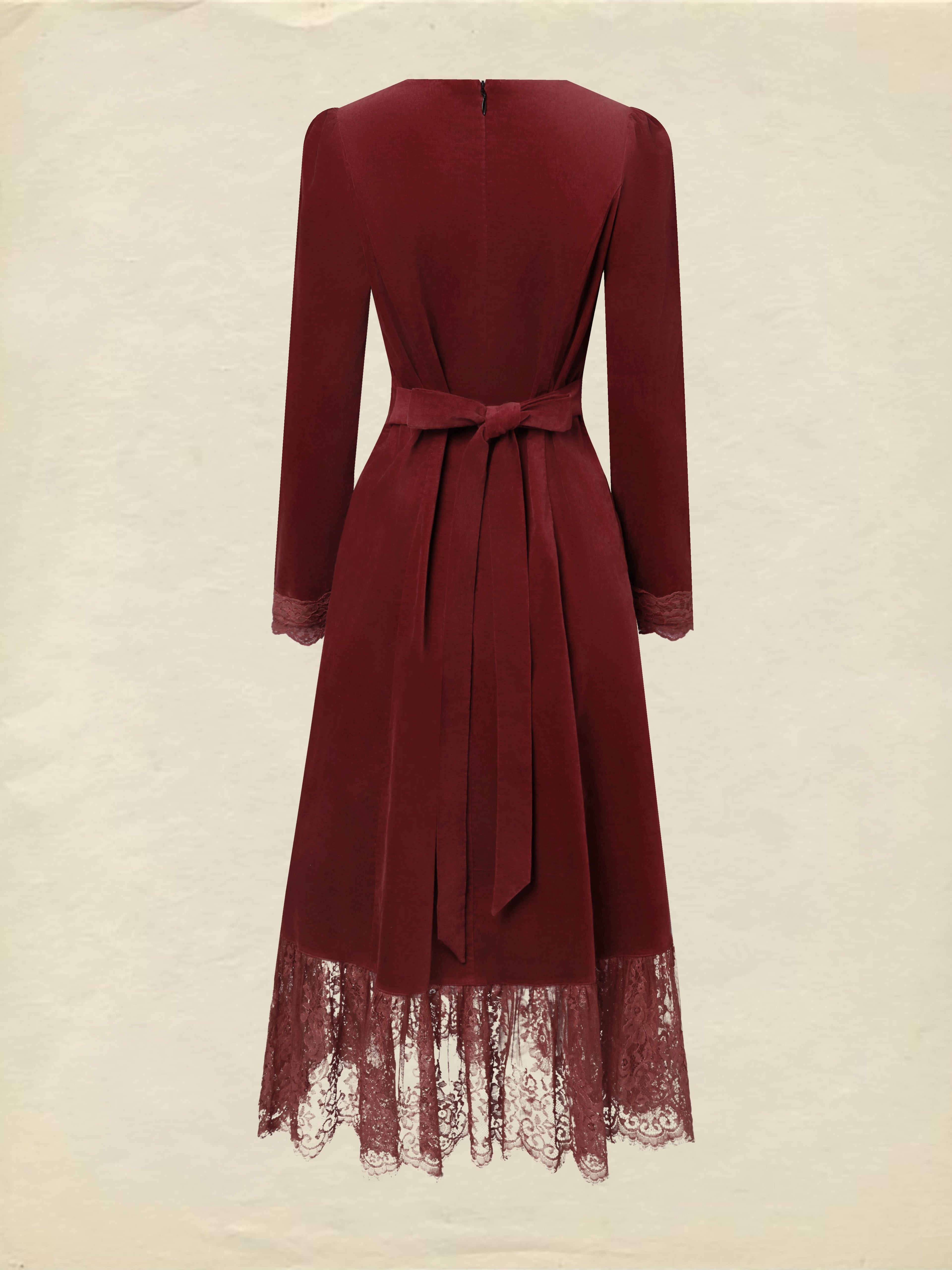 Midi Cotton Dress, Long Sleeves, Scoop Neck, Plain, Lace, Vintage, Red