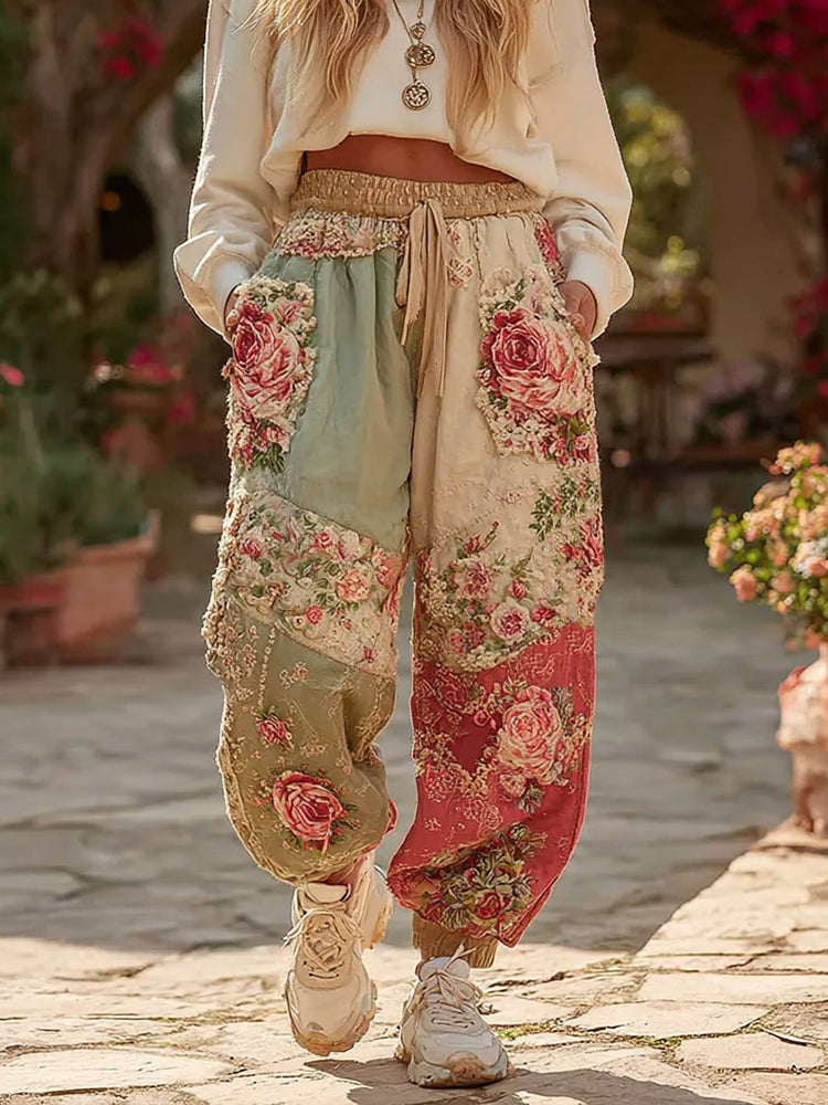 Women's Vintage Floral Patchwork Art Print Casual Sweatpants