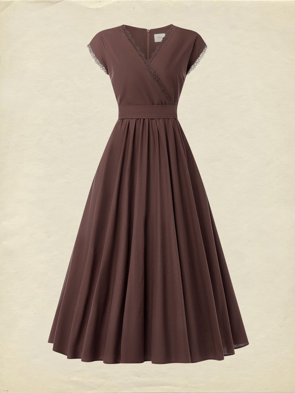Linen Maxi Dress, Short Sleeve, Lace Collar, Plain, Vintage, CAMEO BROWN