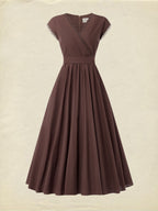 Linen Maxi Dress, Short Sleeve, Lace Collar, Plain, Vintage, CAMEO BROWN