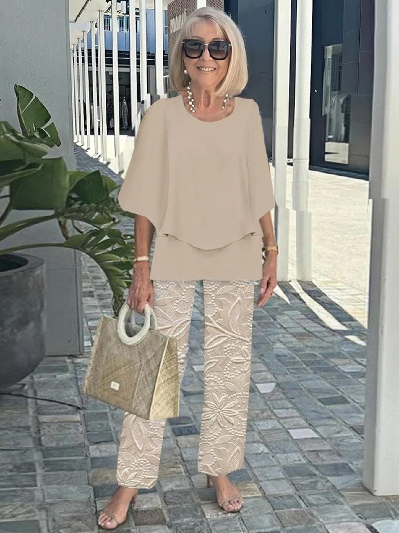 Casual Crew Neck Medium Sleeve Top Printed Floral Pants Set Two-piece Set