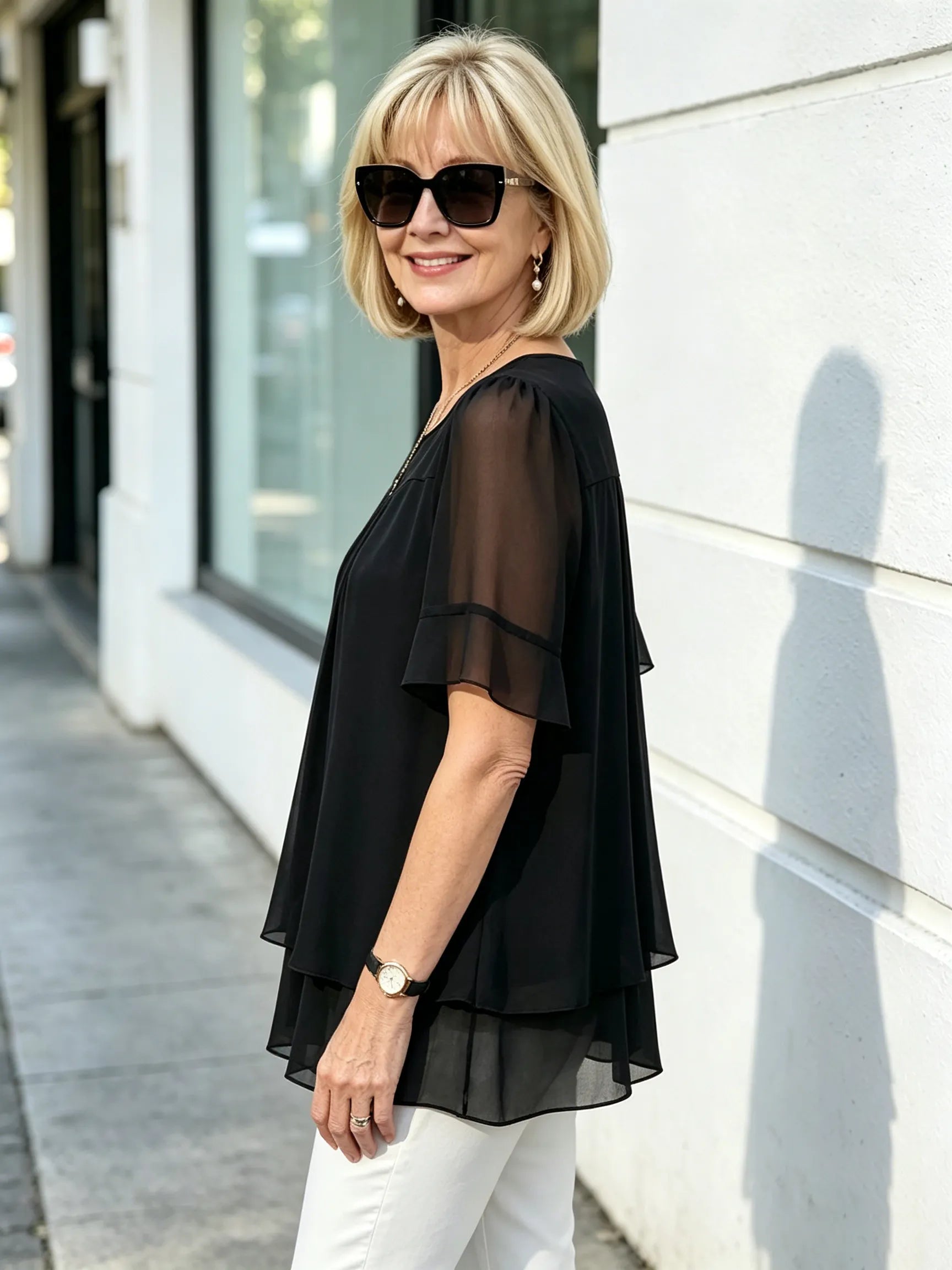 Pink Layered Chiffon Tunic Top, Round Neck Ruffle Short Sleeve Loose Tummy Concealing Blouse for Mature Women