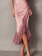 Elegant Blush Satin Lace-Trim Slip Midi Dress With Asymmetric Hem