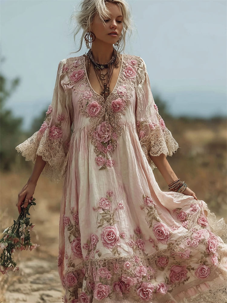 Vintage Pink Roses Art Lace Trim Linen Maxi Dress